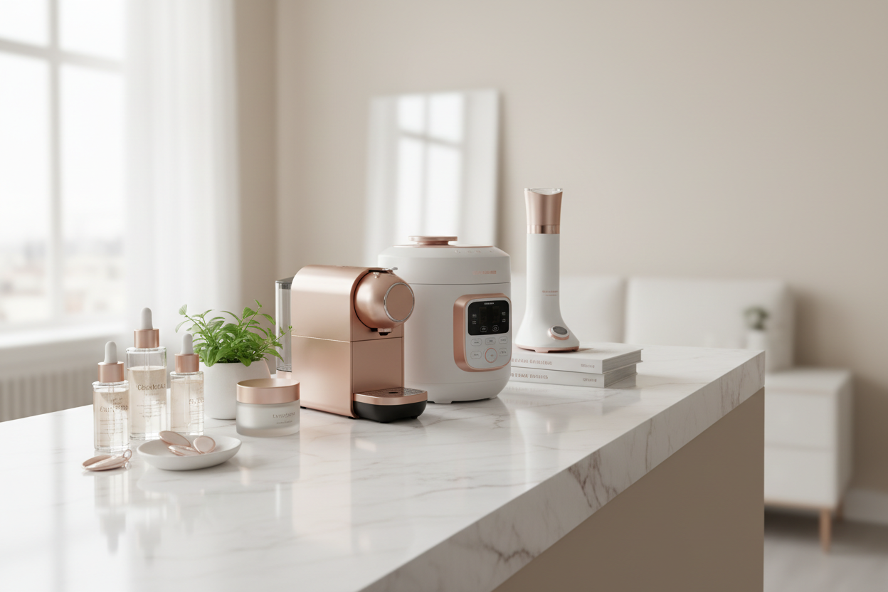 a background image for an e-commerce shop hero section, targeting women executives with limited time, featuring products that save time in daily life, such as beauty or cooking items